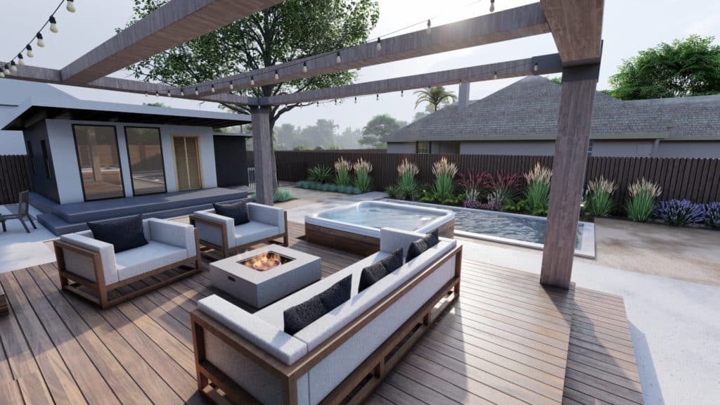 square fire pit on timbertech deck with boxy lounge chairs, outdoor sofa, overhead pergola, and attached hot tub