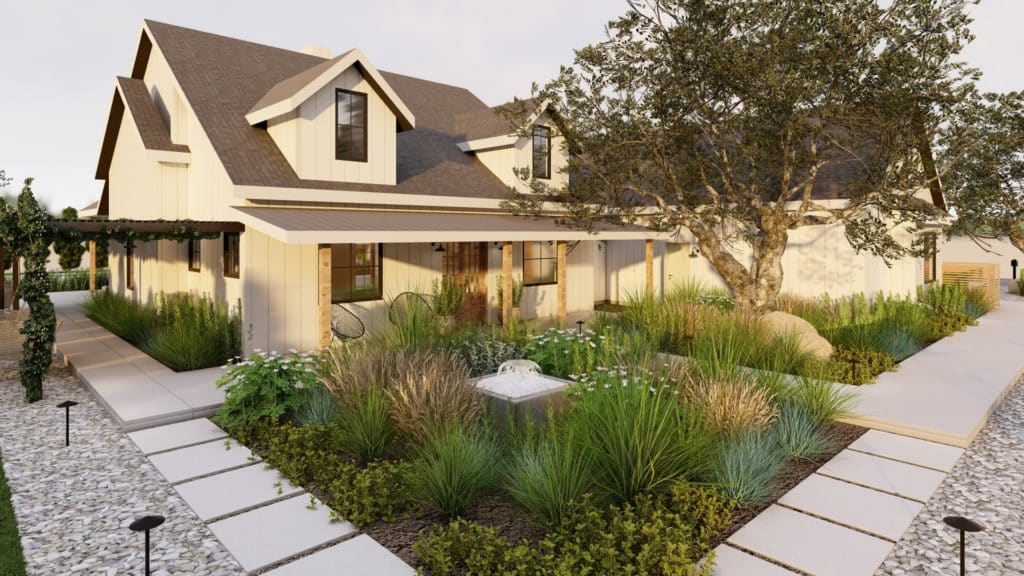 Rustic style home with front yard planting areas surrounded by concrete paver path
