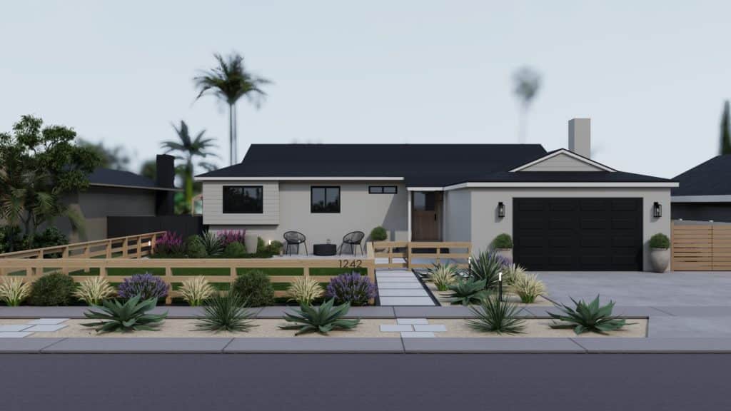 Modern style home with black exterior details, colorful front yard plantings, and horizontal-board wooden fence with wide gaps.