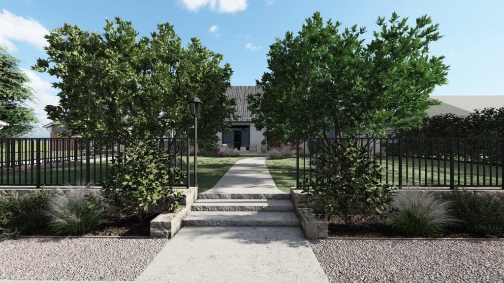 lawned front yard with long concrete path to front yard with vertical-post black metal fence