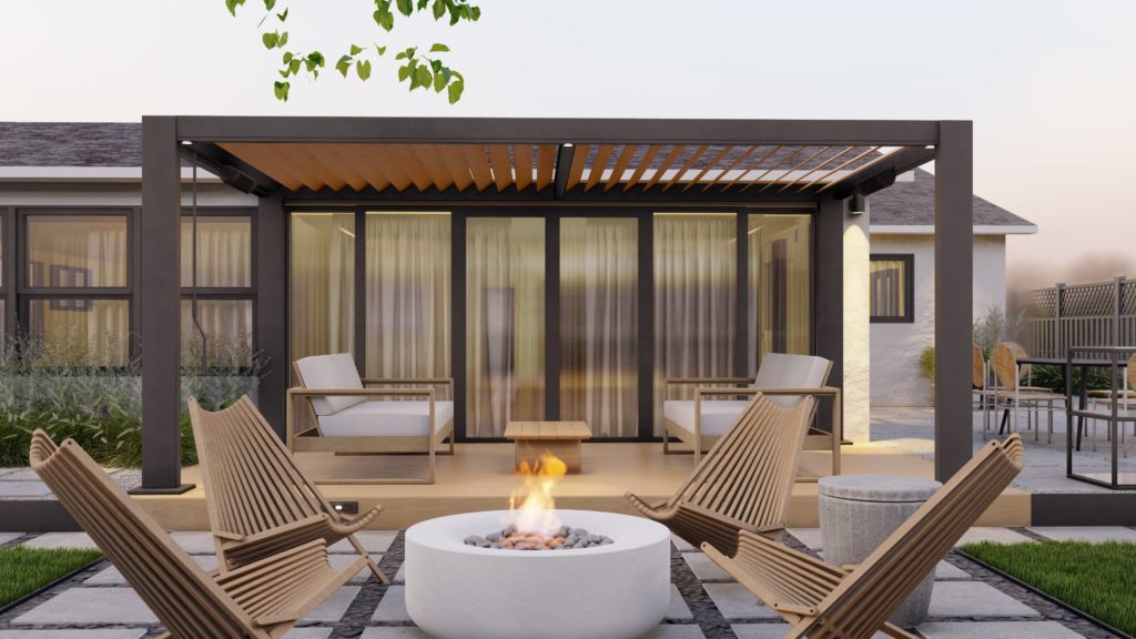 Aura fire pit on a paver patio surrounded by modern folding chairs and pergola-covered deck with outdoor sofas and coffee table behind