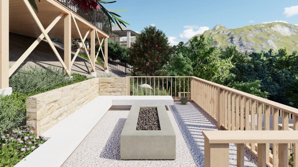 Built-in seating around fire pit for sloped backyard Yardzen landscape design