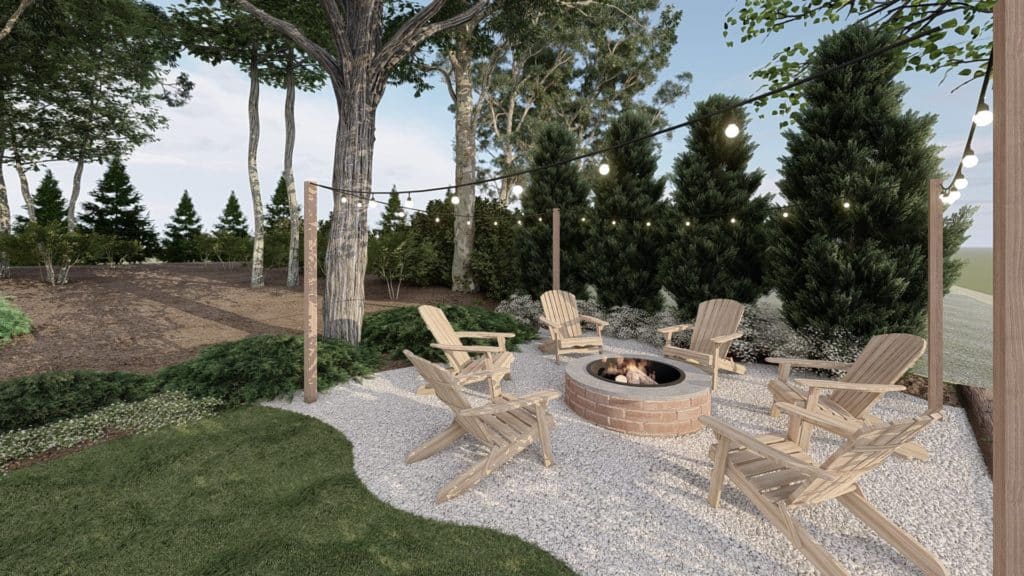 Woodland oasis with outdoor Grand Fire Pit on gravel seating area with adirondack chairs and string lights