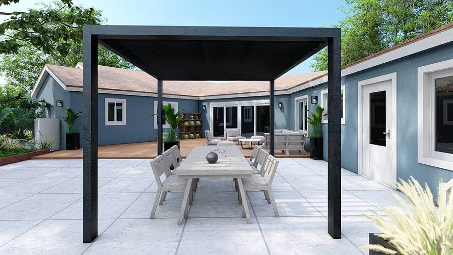 backyard with large outdoor dining table