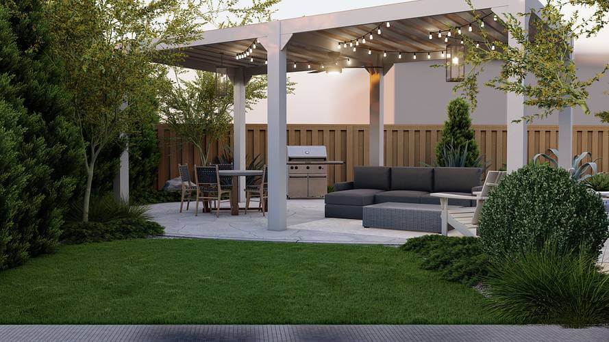 Outdoor landscaping with large pergola for shade