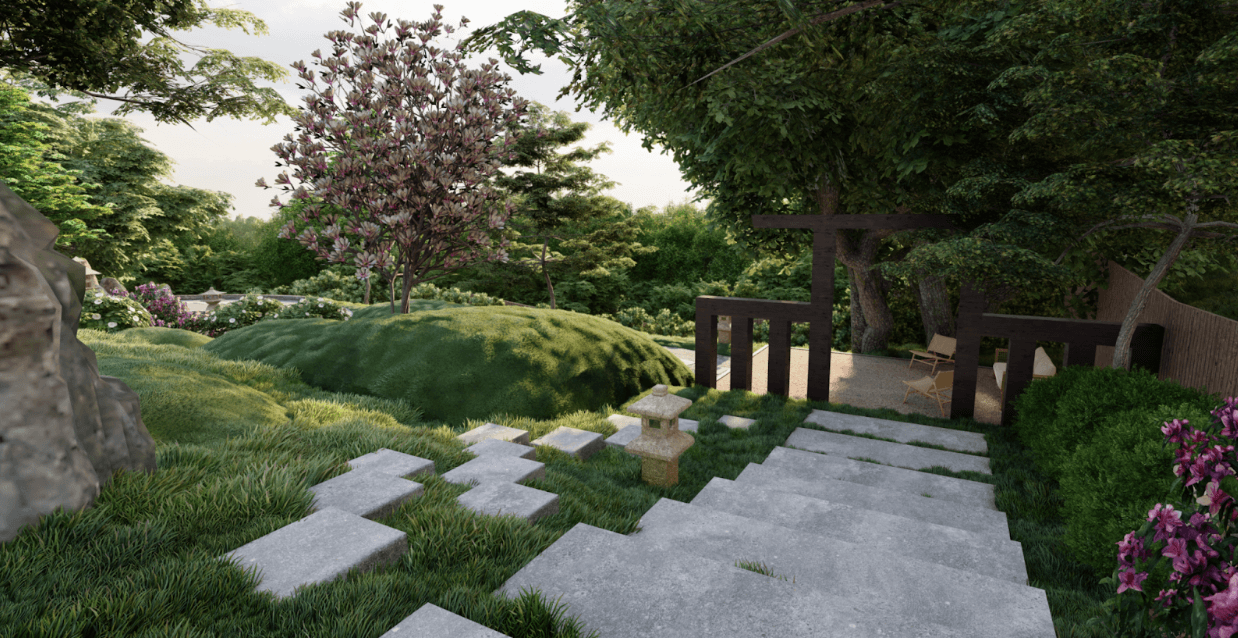 zen garden with stone stairs