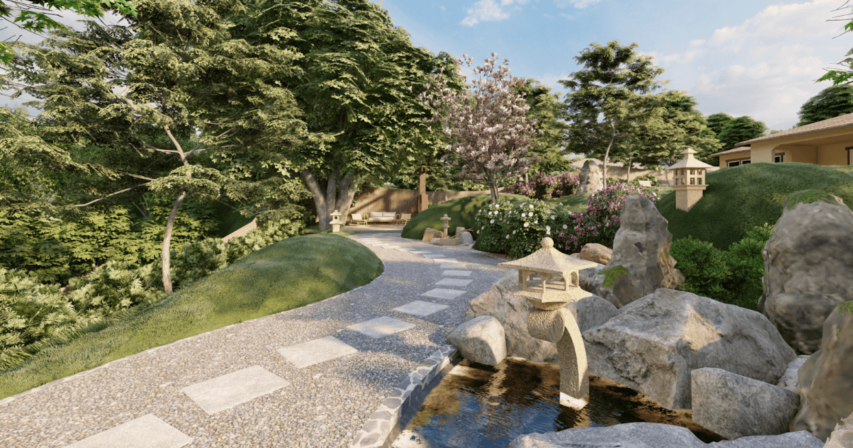 zen garden with gravel pathway and trees