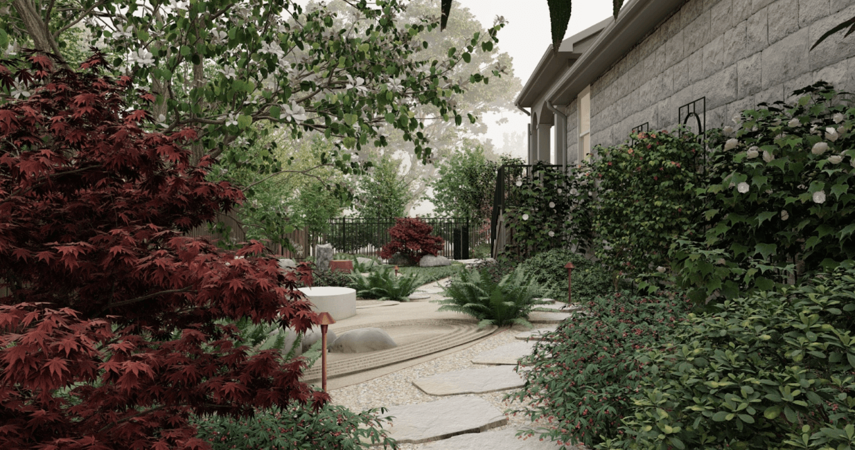 Zen garden with rock pathway