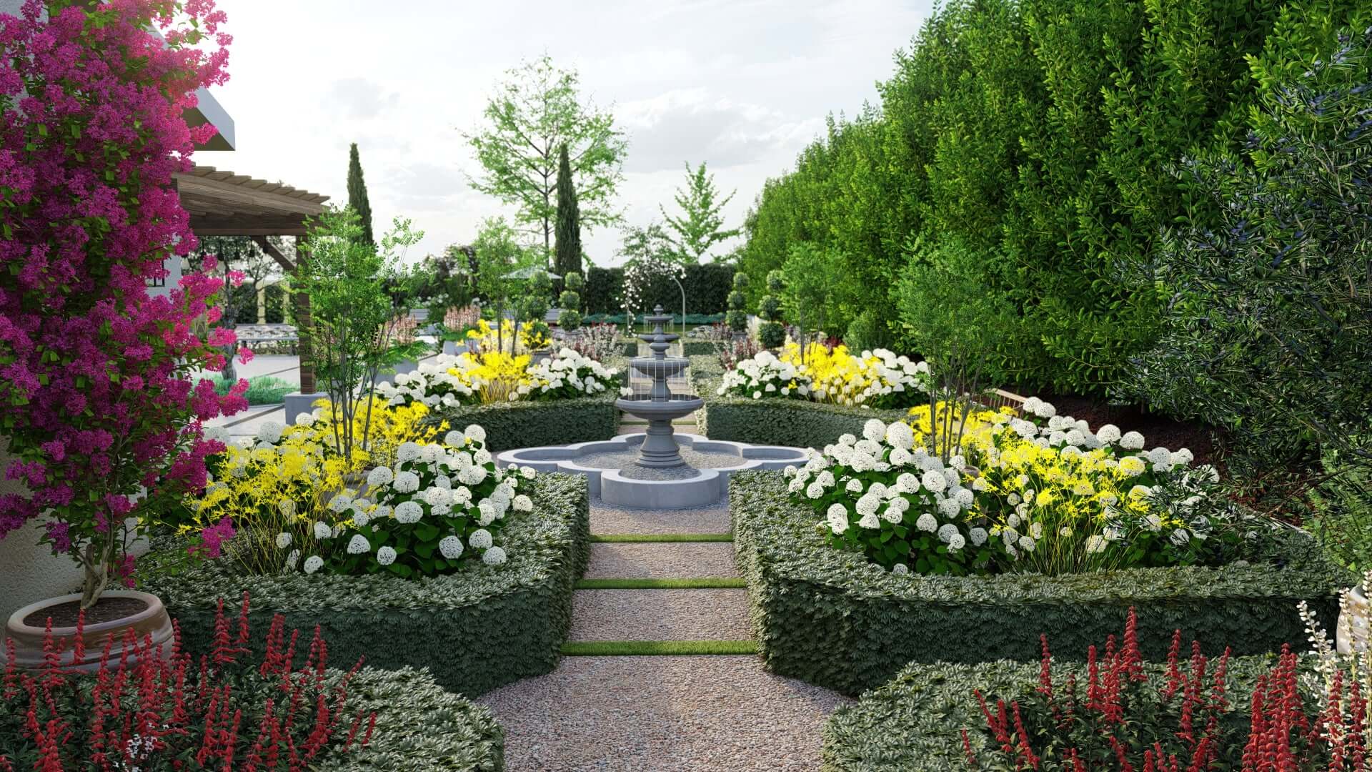 a formal garden with clipped hedging surrounding flower beds and a large multi-tiered fountain at the center