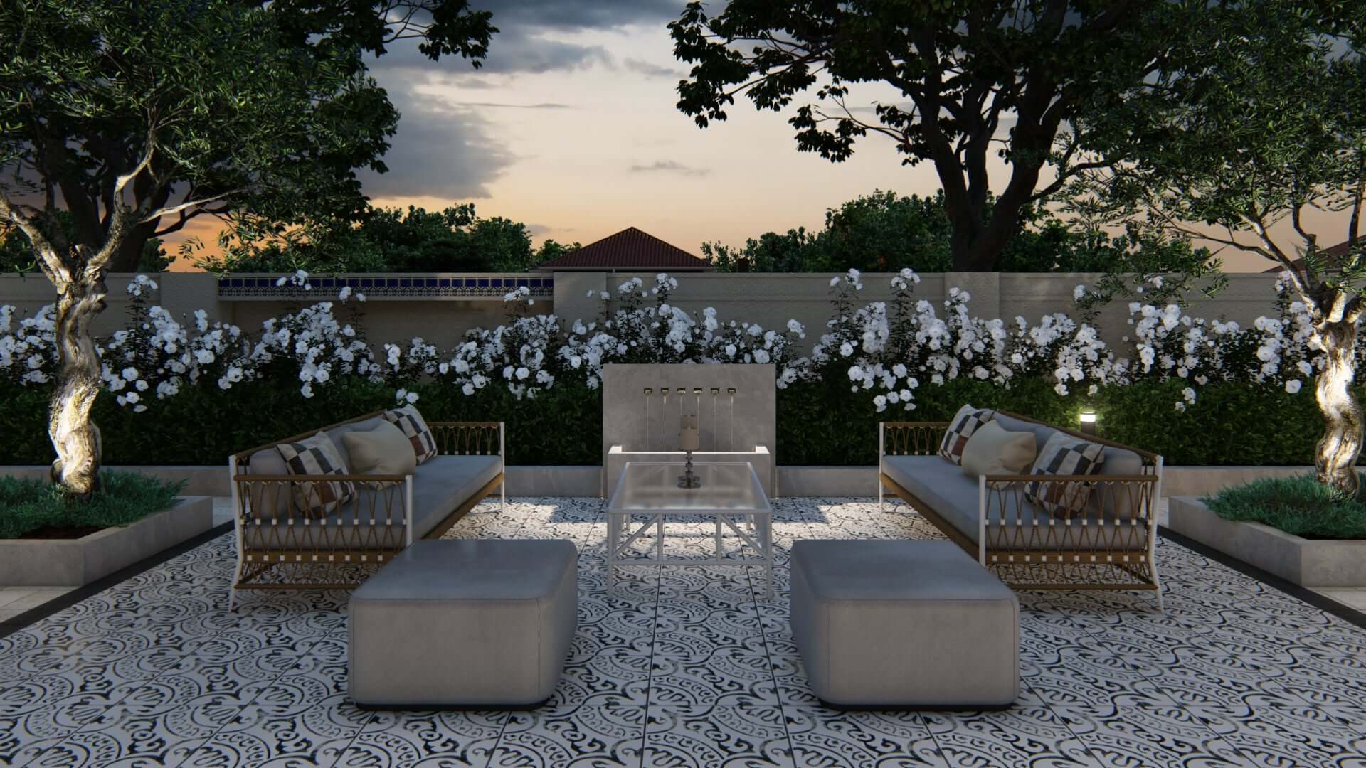 a design render at night, including a seating area and fountain, surrounded by white plants bright in the moonlight