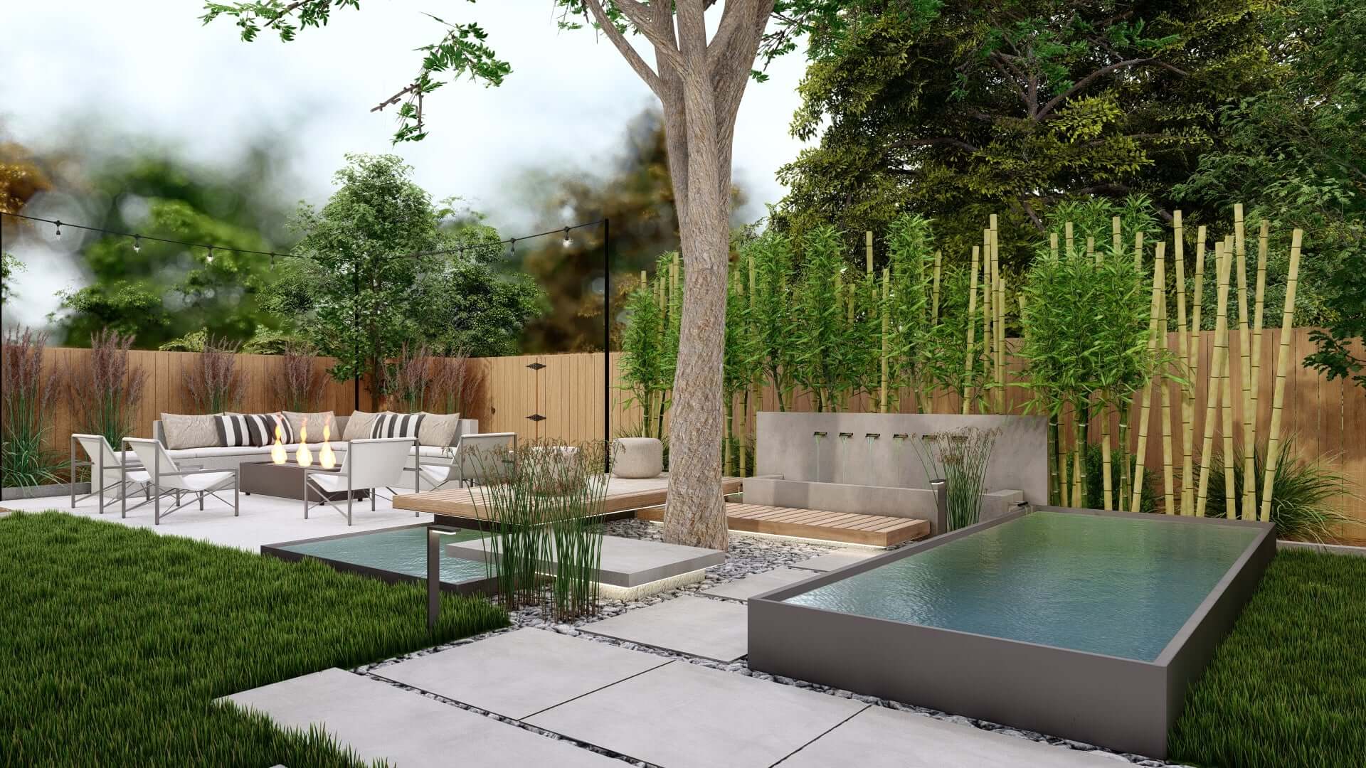 a backyard design that includes a small pool water feature and a fountain near the seating area