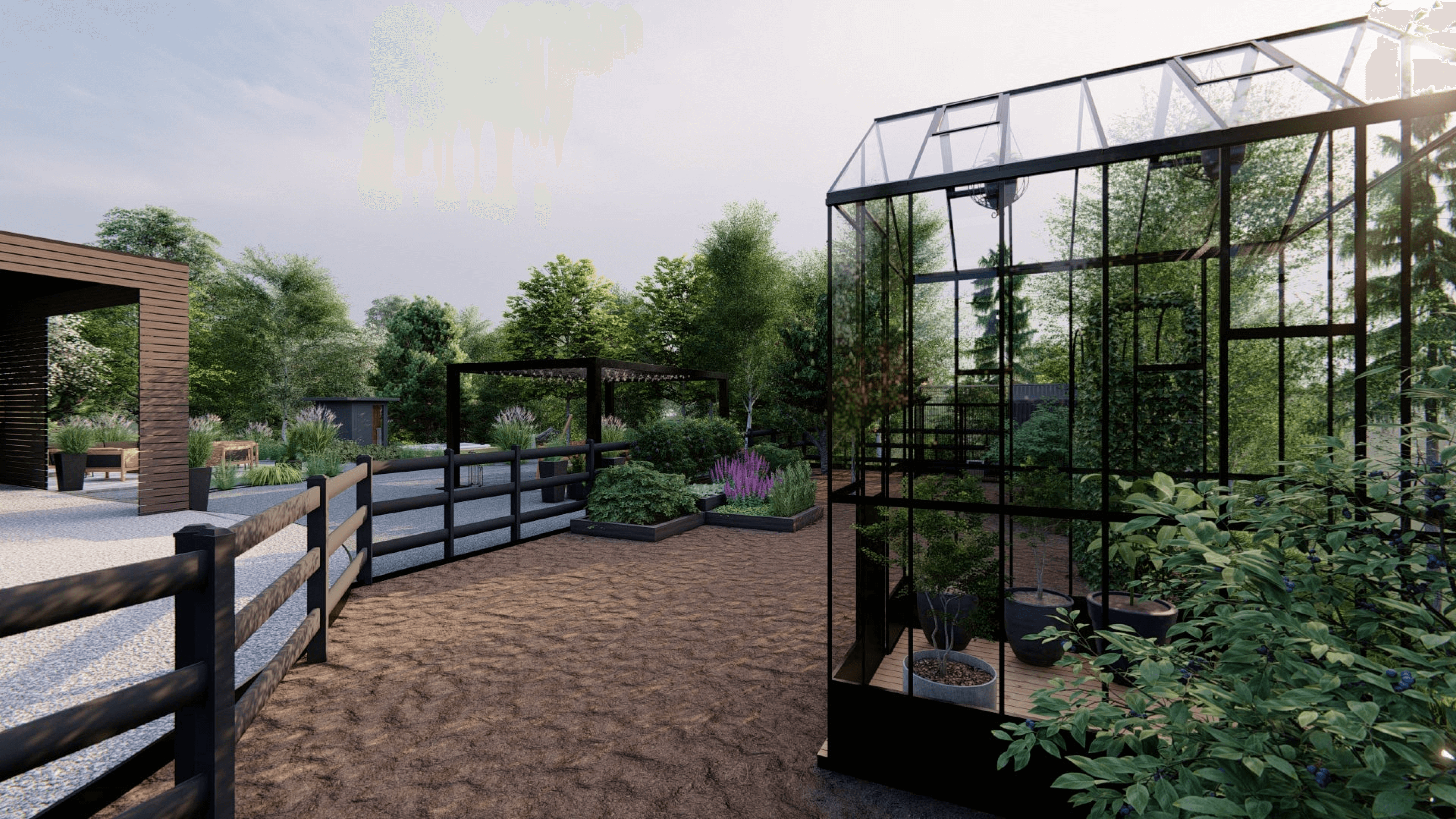 a yard design that includes a fenced in garden area and a large black and glass greenhouse