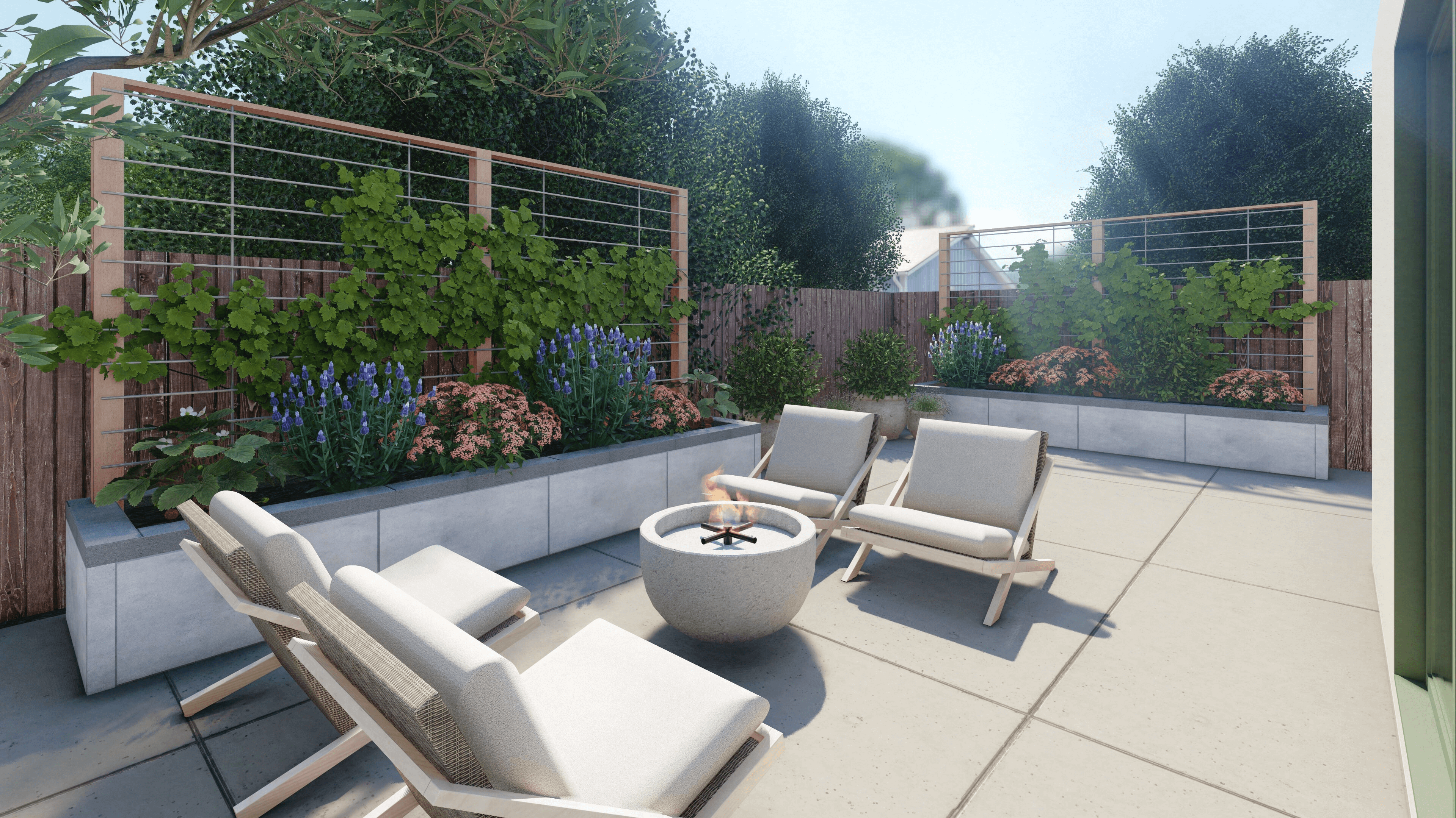 patio design with a set of four lounge chairs and a fire pit surrounded by tall vertical planters