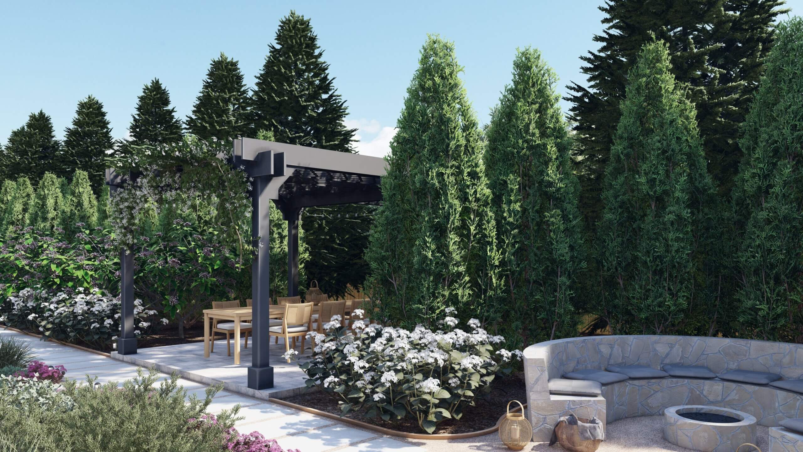 a lush backyard with a parge black pergola above an outdoor dining table and a built in curved bench