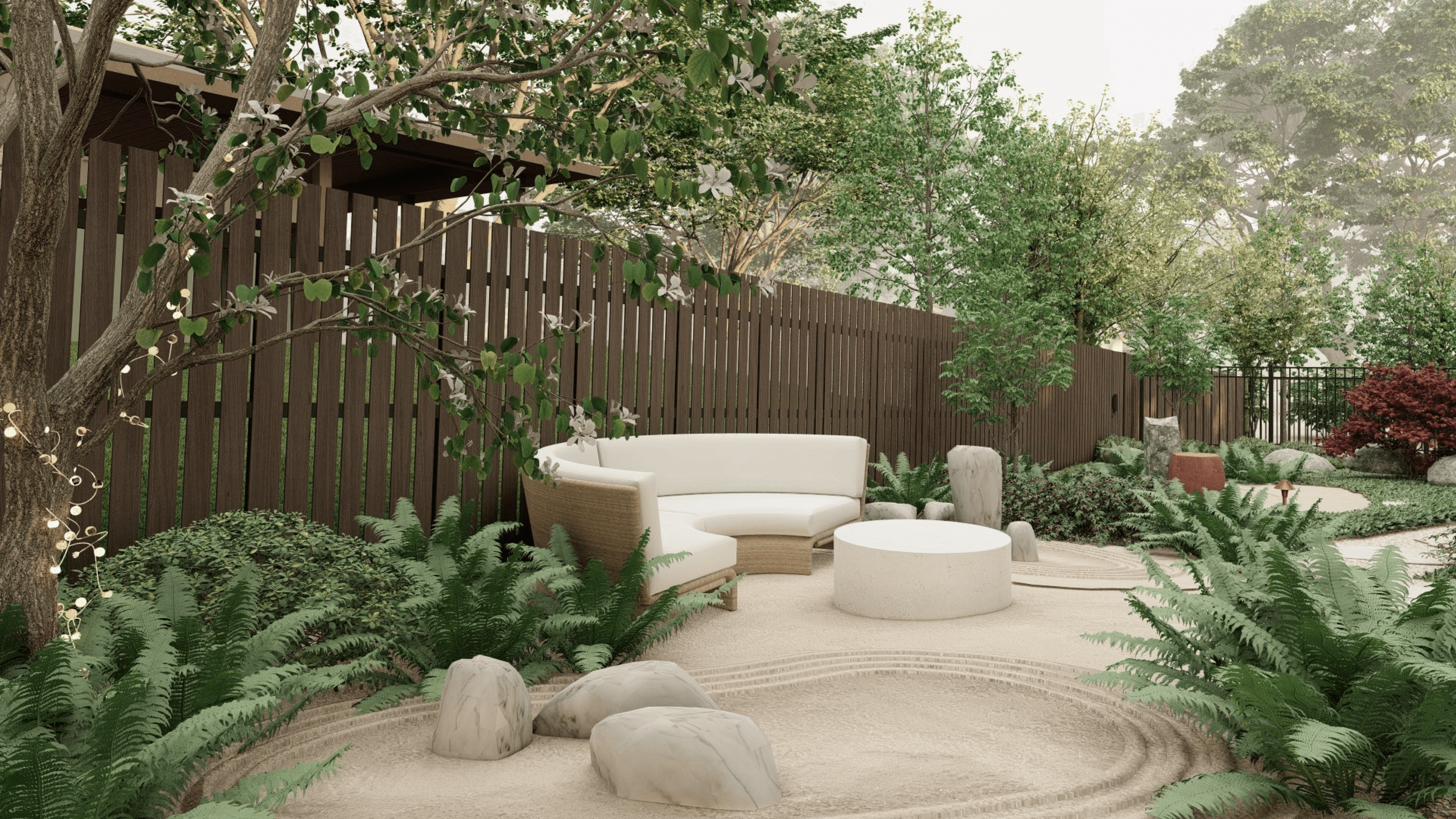 a design for a zen garden, including a rounded couch and table to match the curved lines of the raked gravel
