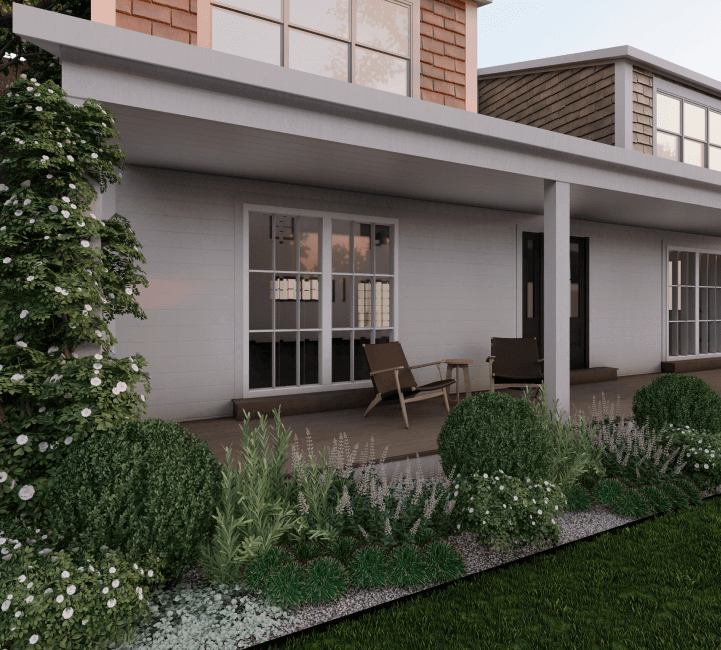 3D render of a front yard with evergreen planting bed