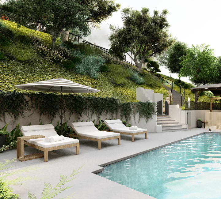 3D render of backyard design with slope covered in trees and plantings behind a pool and patio with lounge furniture