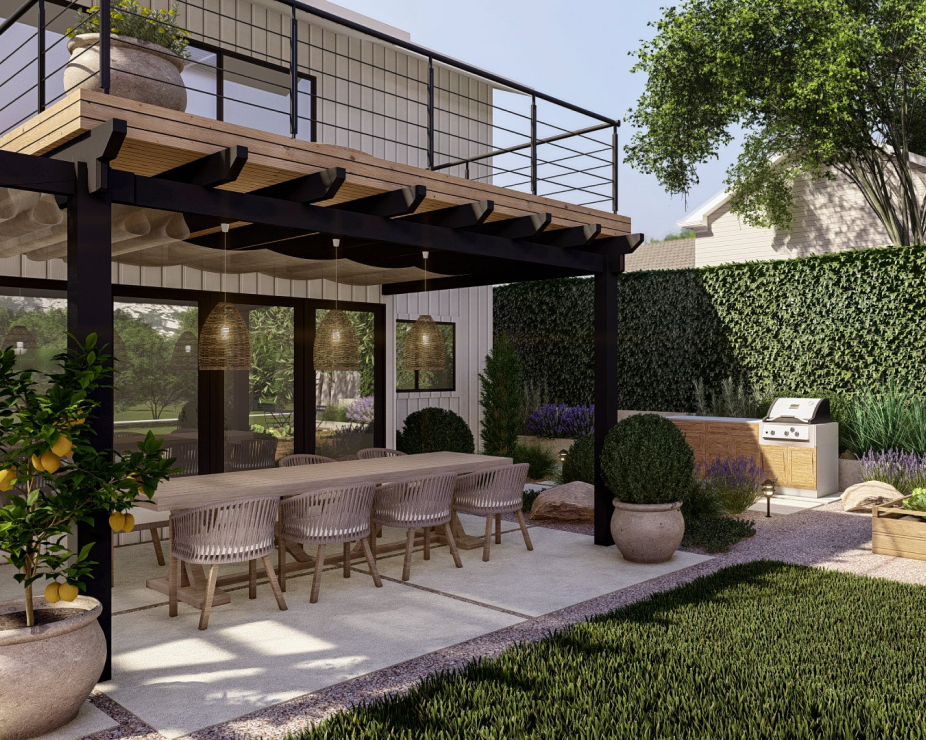 backyard design with dining set on patio beneath balcony