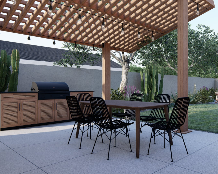 outdoor dining set and kitchen covered by pergola