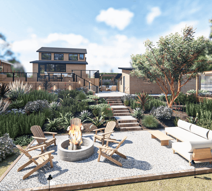 3D backyard design with fire pit seating area