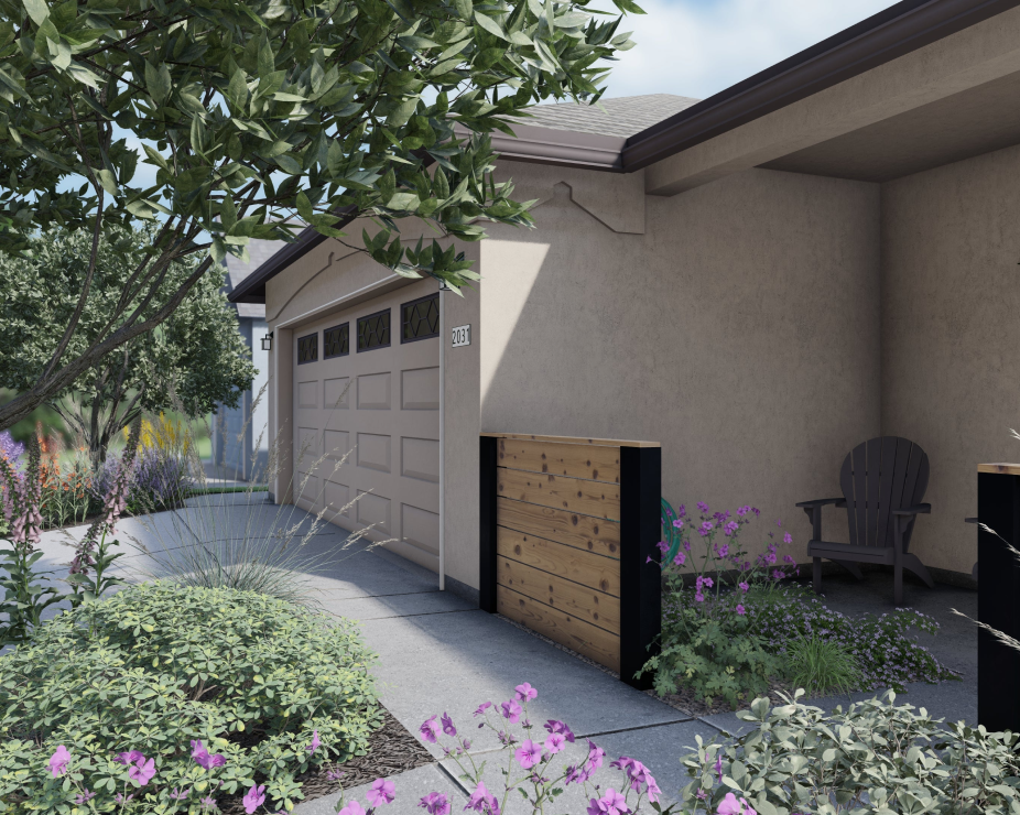3D render of front yard of home with garage, concrete path and driveway, and flowering planting beds in foreground