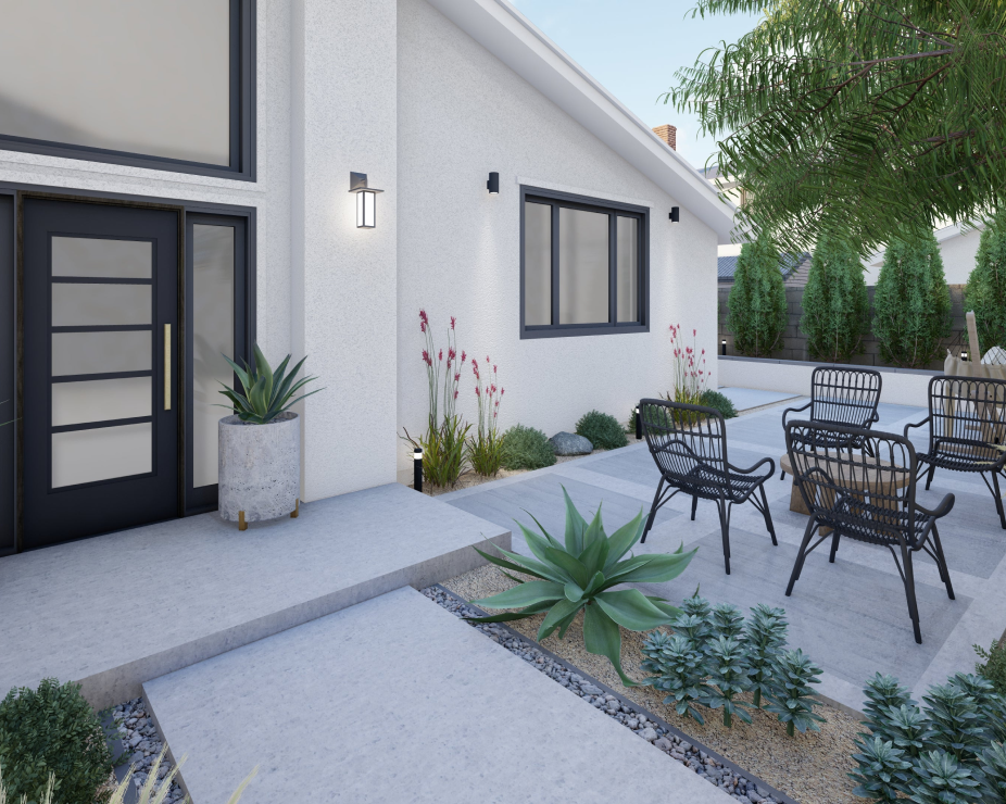 3D render of front yard design with patio seating area and planting beds at front of home and along front walkway