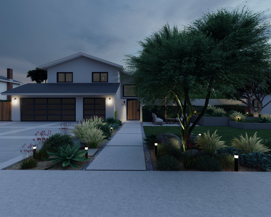 3D render of front yard design at night with landscape lighting in planting beds and along walkway
