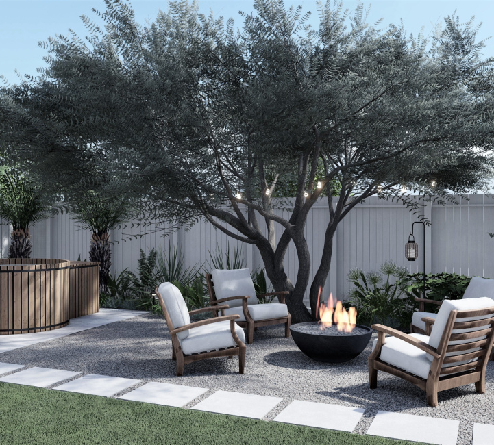 3D render of backyard design with specimen tree shading a fire pit seating area