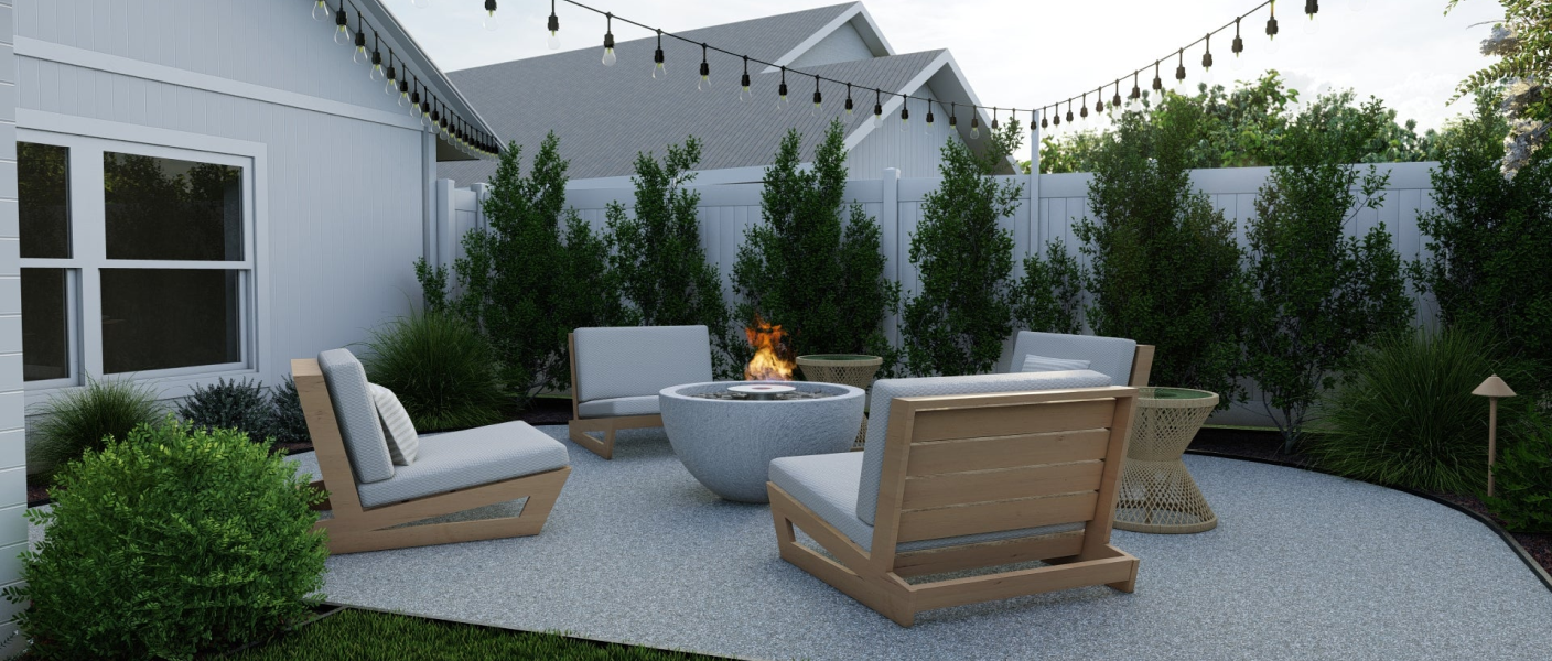 Render of a backyard with a paved section with a fire pit and chairs and dangly party lights above