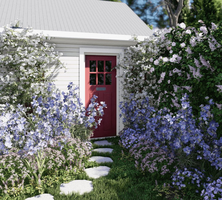 3D render of cottage garden style planting alongside front door walkway