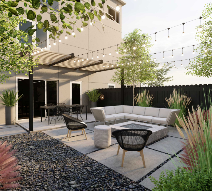 3D render of a backyard design with large concrete paver patio, outdoor sectional, and fire pit