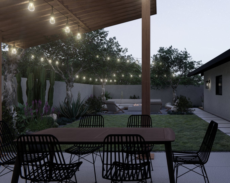 night render of backyard design with illuminated string lights