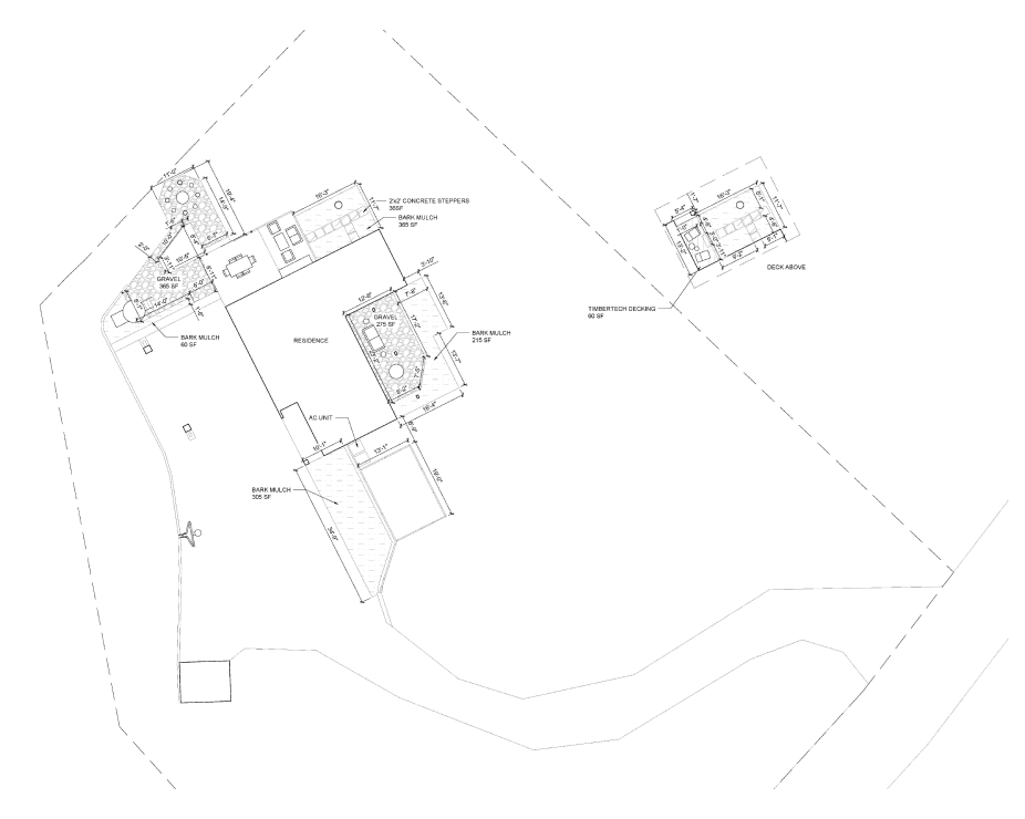 2D CAD plan showing dimensions and layout of yard elements on client property