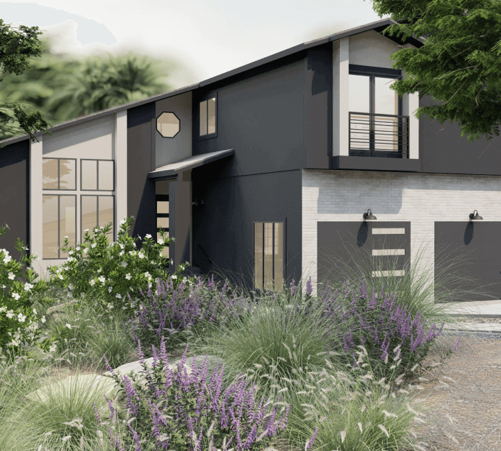 3D render of a front yard with meadow style landscaping