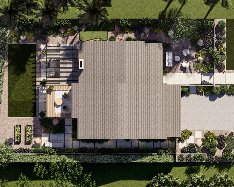 3D render of overhead view of home and all yard areas