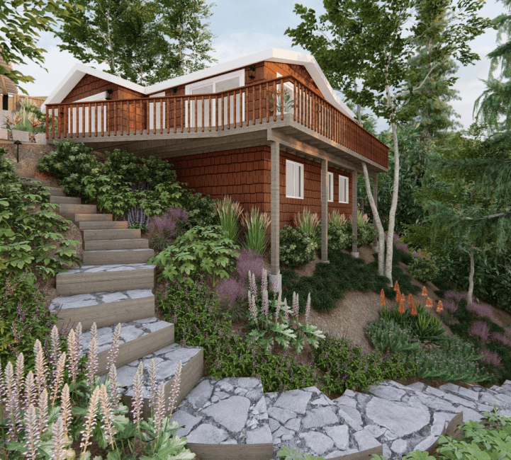 3D render of a yard with steep hillside and lush planting alongside winding staircase
