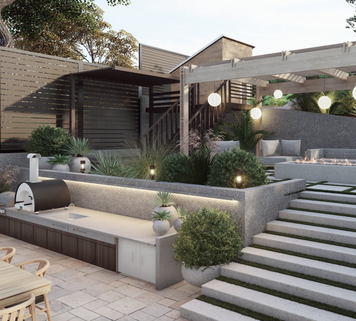 3D render of backyard design with outdoor kitchen and steps up a slope to seating area with pergola and hanging lights