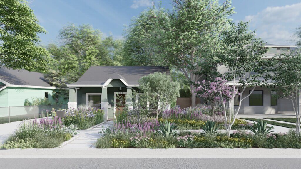 design rendering that shows small green bungalow house with a lush front yard full of wildflowers and praire grasses