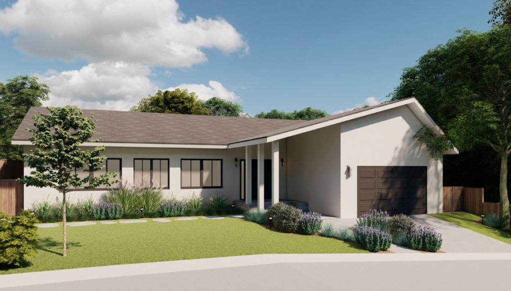 Yardzen 3D render of front of home design with bright white home with black garage and front door, thriving lawn, and lavender-flanked front walk