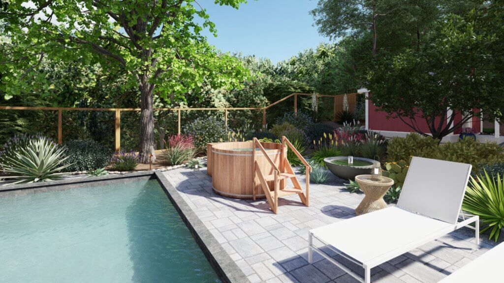 poolside paver patio with cold plunge tub, lounge seating and lush planting beds surrounding.