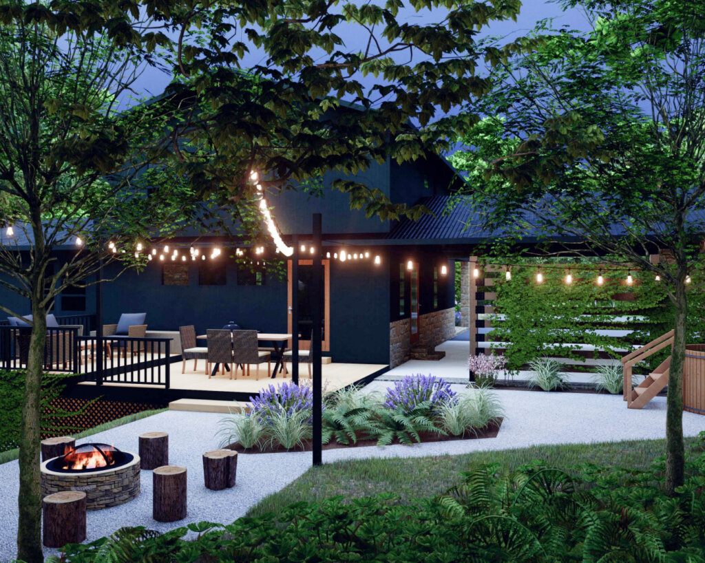 Backyard Yardzen design with fire pit and outdoor dining area