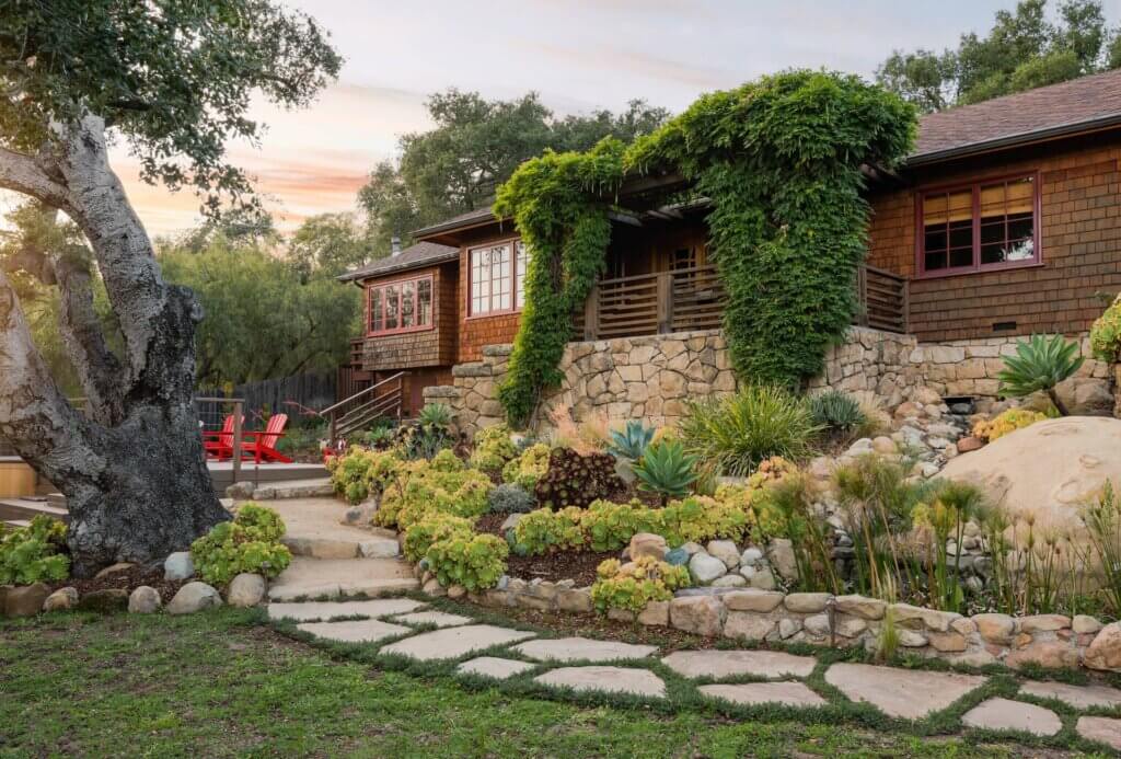 Backyard with succulents and natural stone pathway