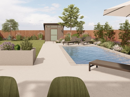 Render of backyard design with pool, lounge area, shed, and container plants