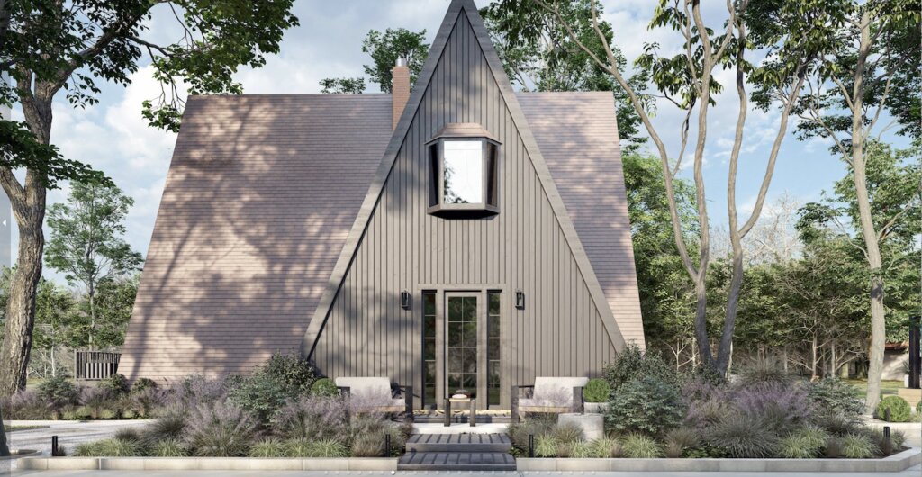 Grey a=frame style home surrounded by large trees and including meadow style front garden beds