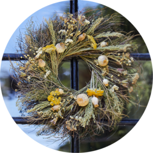 Yarrow + Poppy Wreath hanging on a front door