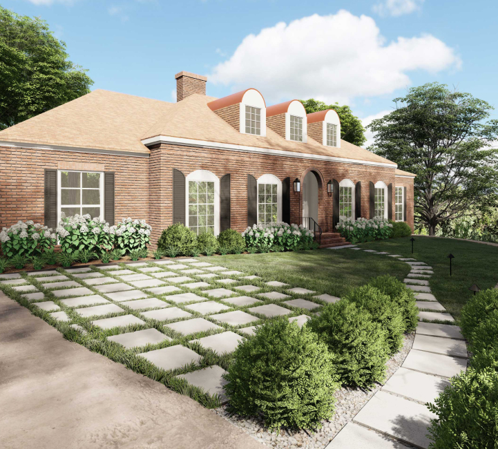 3D render of front yard design for a brick home with evergreen-flanked walkway and concrete paver patio in front lawn
