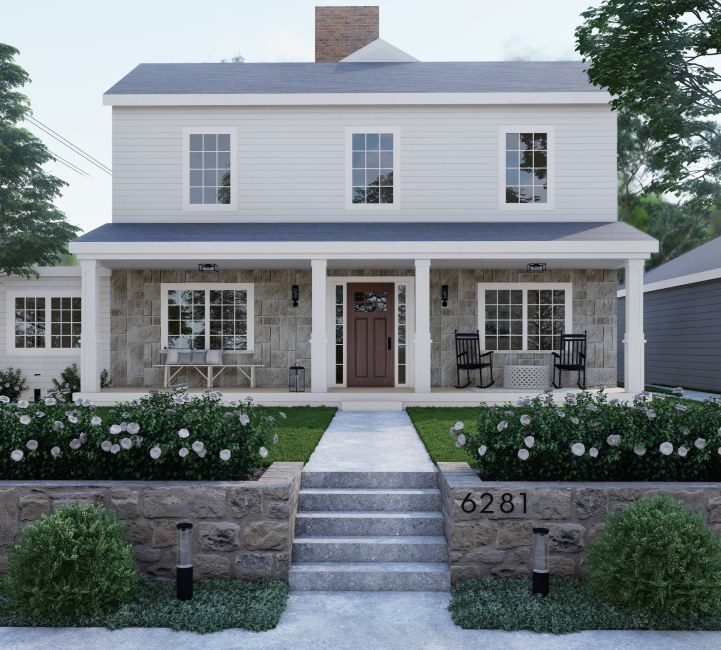 3D render of front yard design for two story home with large porch including lawn and planting beds behind retaining walls