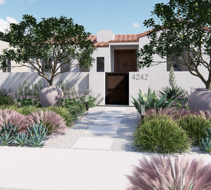 3D render of front yard design for desert-style home with specimen trees, shrubs, and ornamental grasses