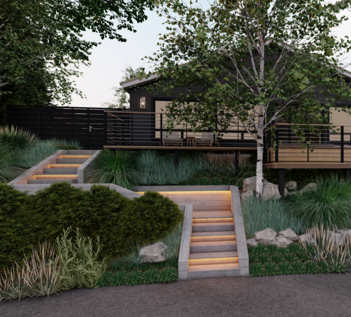 3D render of front yard design for large sloped front yard with staircases, boulders, and lush planting
