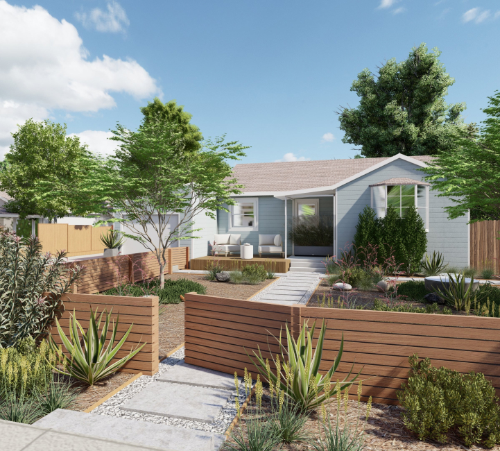 3D render of front yard design for single story home with horizontal board fence and drought tolerant planting